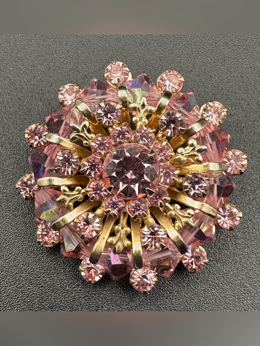Vintage Pink Crystal & Bead Starburst Brooch – Gold Tone, Pretty in Pink, EUC